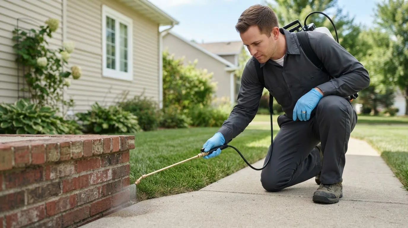 Pest control technician treating a home near Gentryville, IN